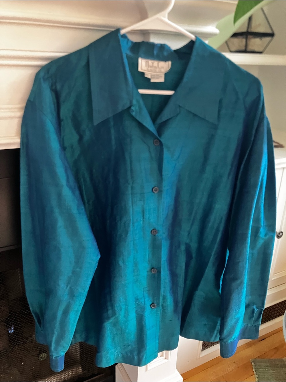 VTG New York City Blouse Co 100% Silk Teal Jacquard Button Down Top XL